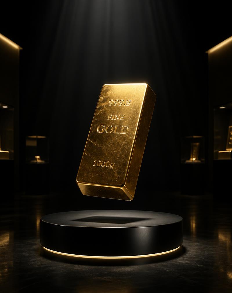 Goldbarren schwebend in einem dunklen, minimalistischen Raum